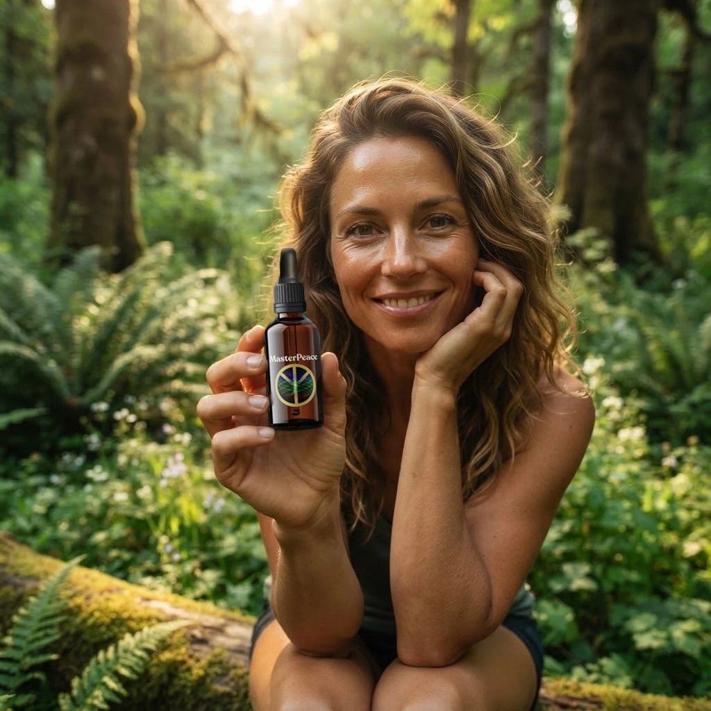 A woman sitting on a mossy log in a sunlit forest, holding a bottle of MasterPeace